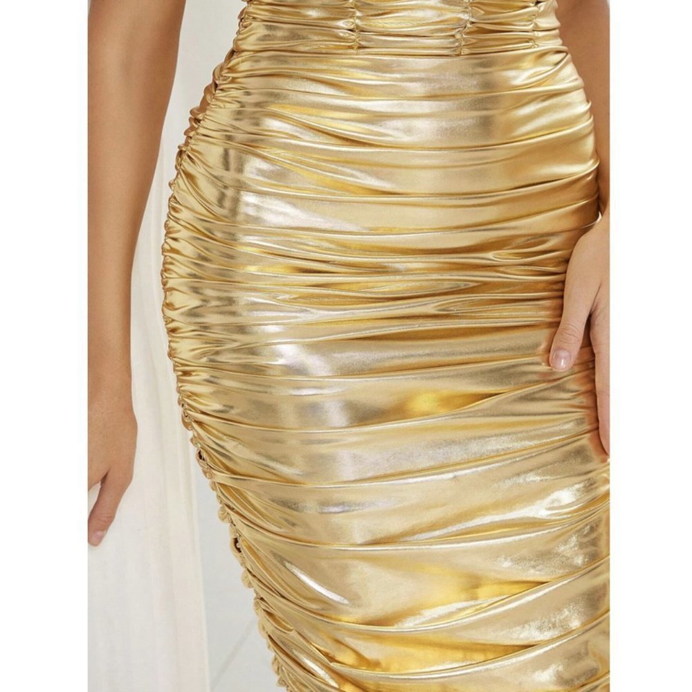 Ruched Split Thigh Cami Bodycon Gold Metallic Dress - Picture 7 of 9